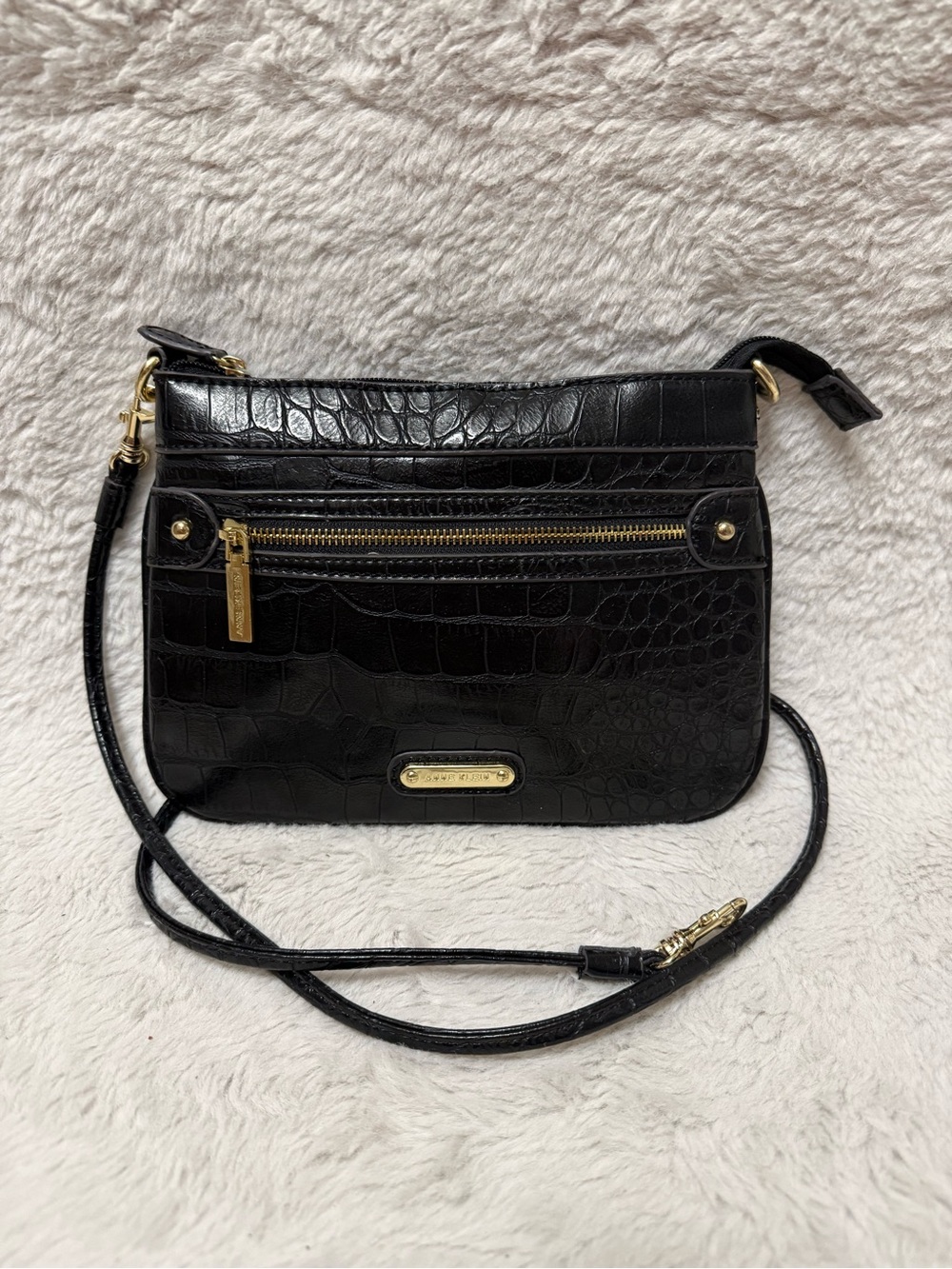 Anne Klein Black Croc-Embossed Crossbody with Gold Hardware